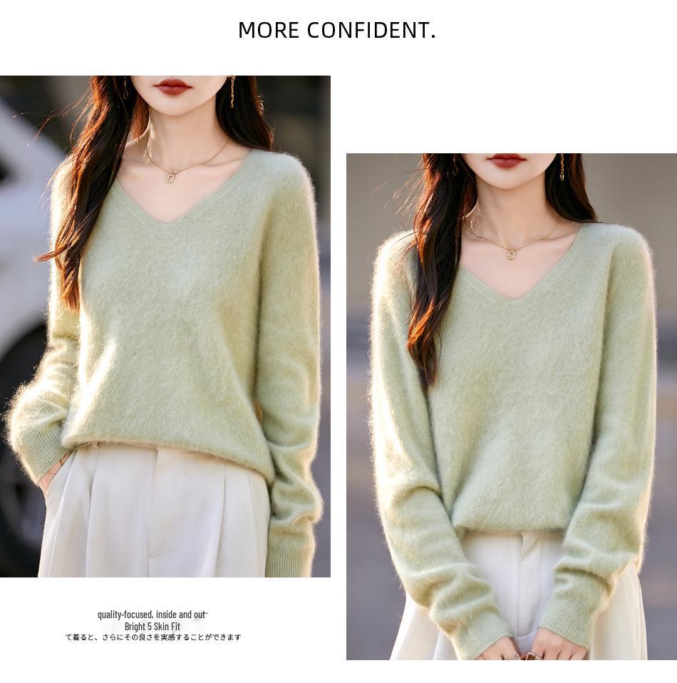 Women's High-Grade Seamless Wool V-Neck Sweater - Autumn/Winter Collection, Long Sleeve, Soft Plush Knit Base Layer