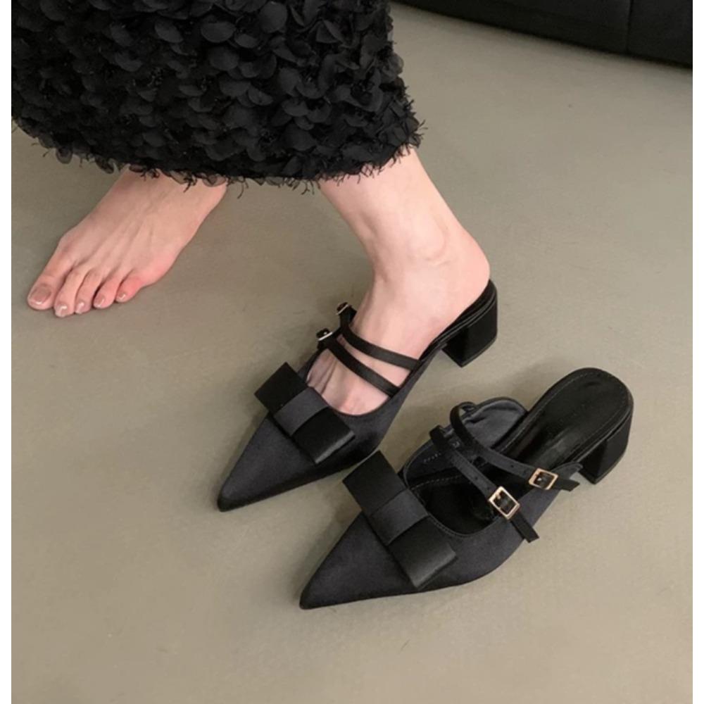 Fashion New Silk Bowknot Pointed Toe Slippers Women Sweet Elegant Mid Heel Slingbacks Shoes Female Slides Fashion Designer Sandals