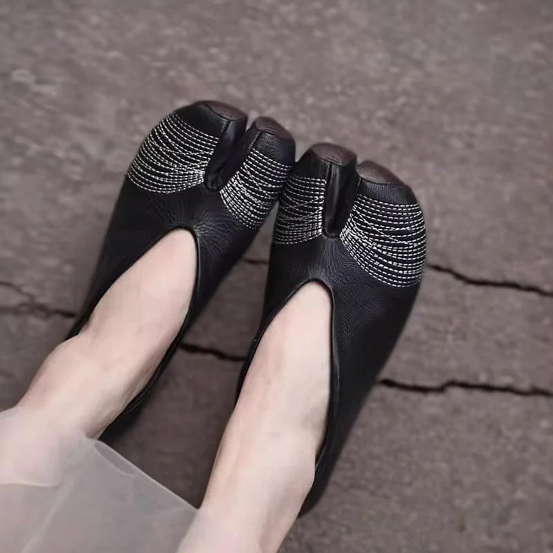 Women Genuine Leather Tabi Flats Woman Split Toe Pig Hoof Shoes Black Outdoor Walking Loafer Mary Janes Ballet Trainers Footwear
