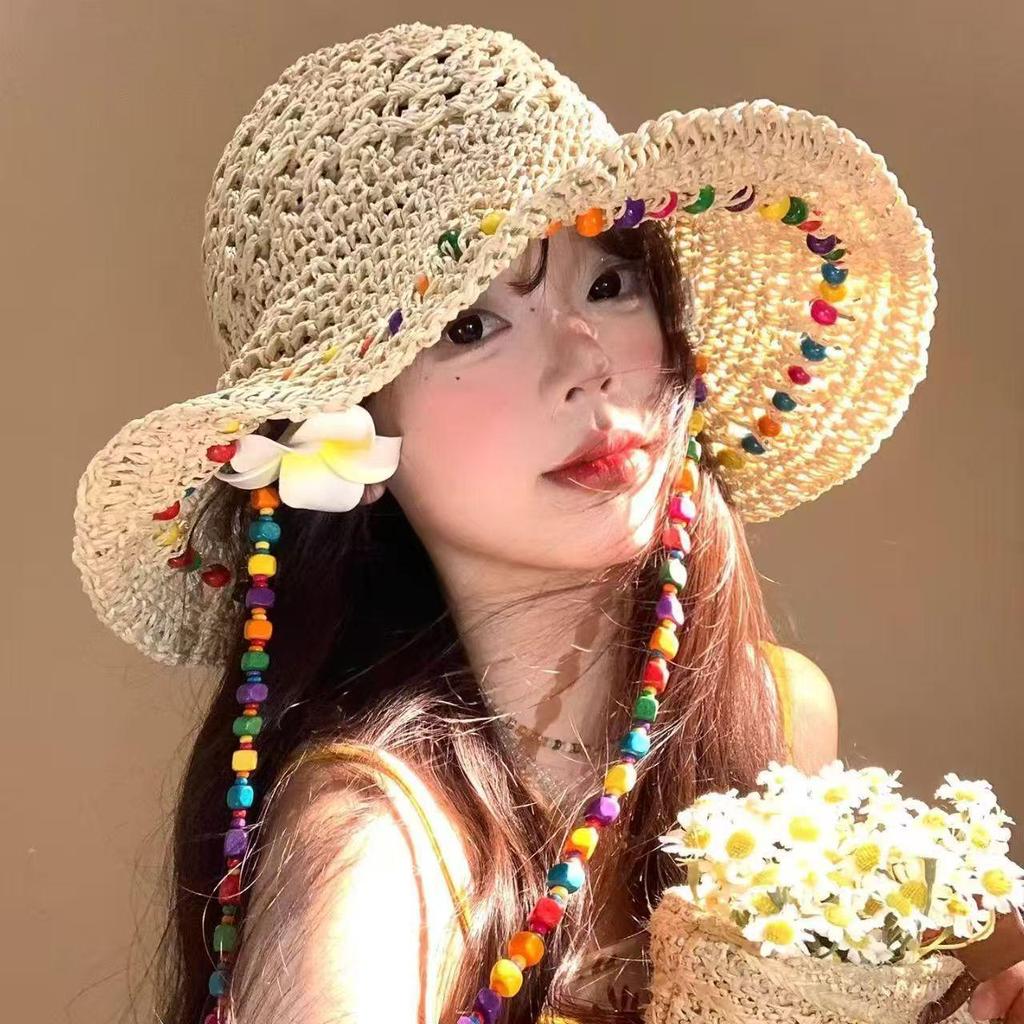 Women's Ethnic Wide Brim Straw Hat - Sun Protection Beach Hat for a Slimmer Look