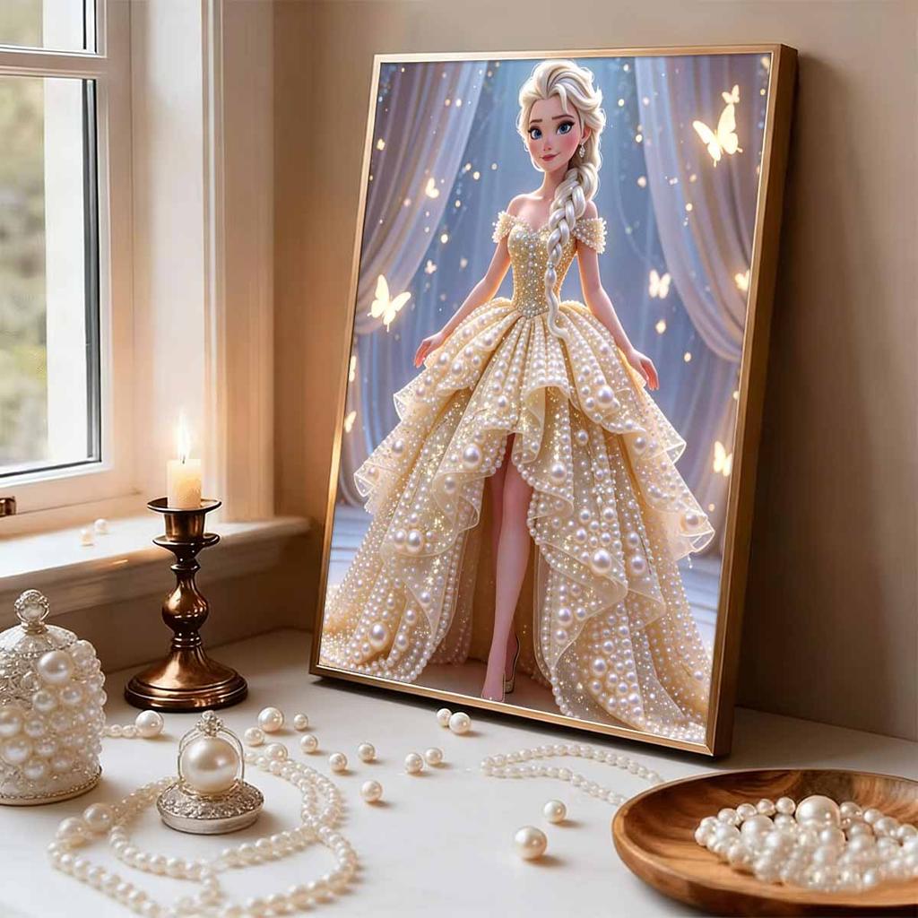 Golden Gown Butterfly Elsa New Pearl-Inlaid Frameless Art | Handmade Pearl Craft, Sheer Curtain Starry Butterfly Theme, for Elegant Romantic Decor