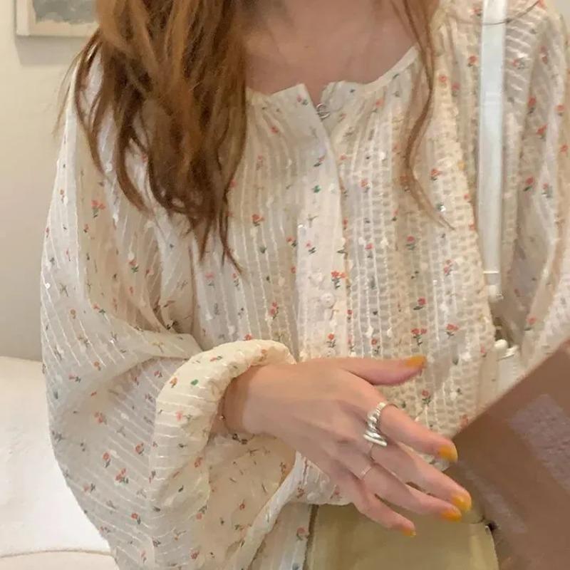 Women s Tiny Floral Print Puff Sleeve Blouse Casual Round Neck Textured Shirt S абрикосовый