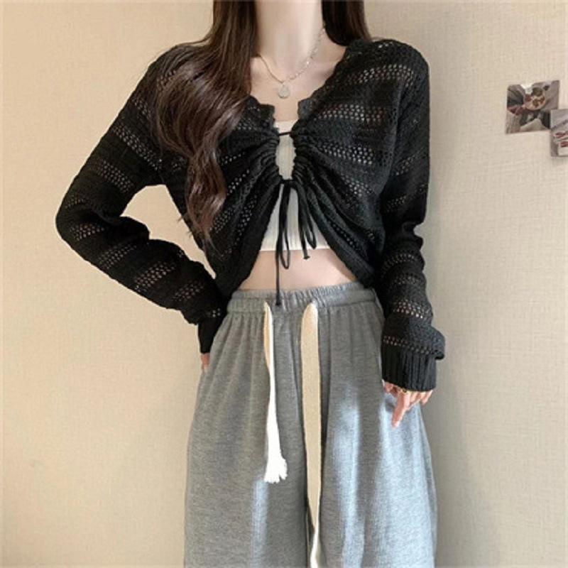 Summer V-neck hollow new slim-fitting and thin drawstring short outer knitted sweater women's thin solid color top