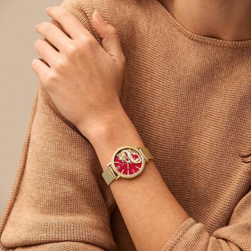 Fossil Relógio de Quartzo Feminino Neutra Dourado Aço Inoxidável Mostrador Vermelho ES5316