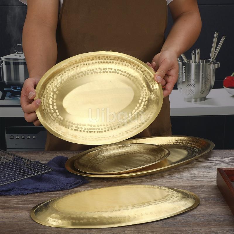 Pure copper Golden Storage Tray Metal Oval Dinner Plate Cake Display Kitchen Household Fruit Salad fish Plate Western Steak Tray