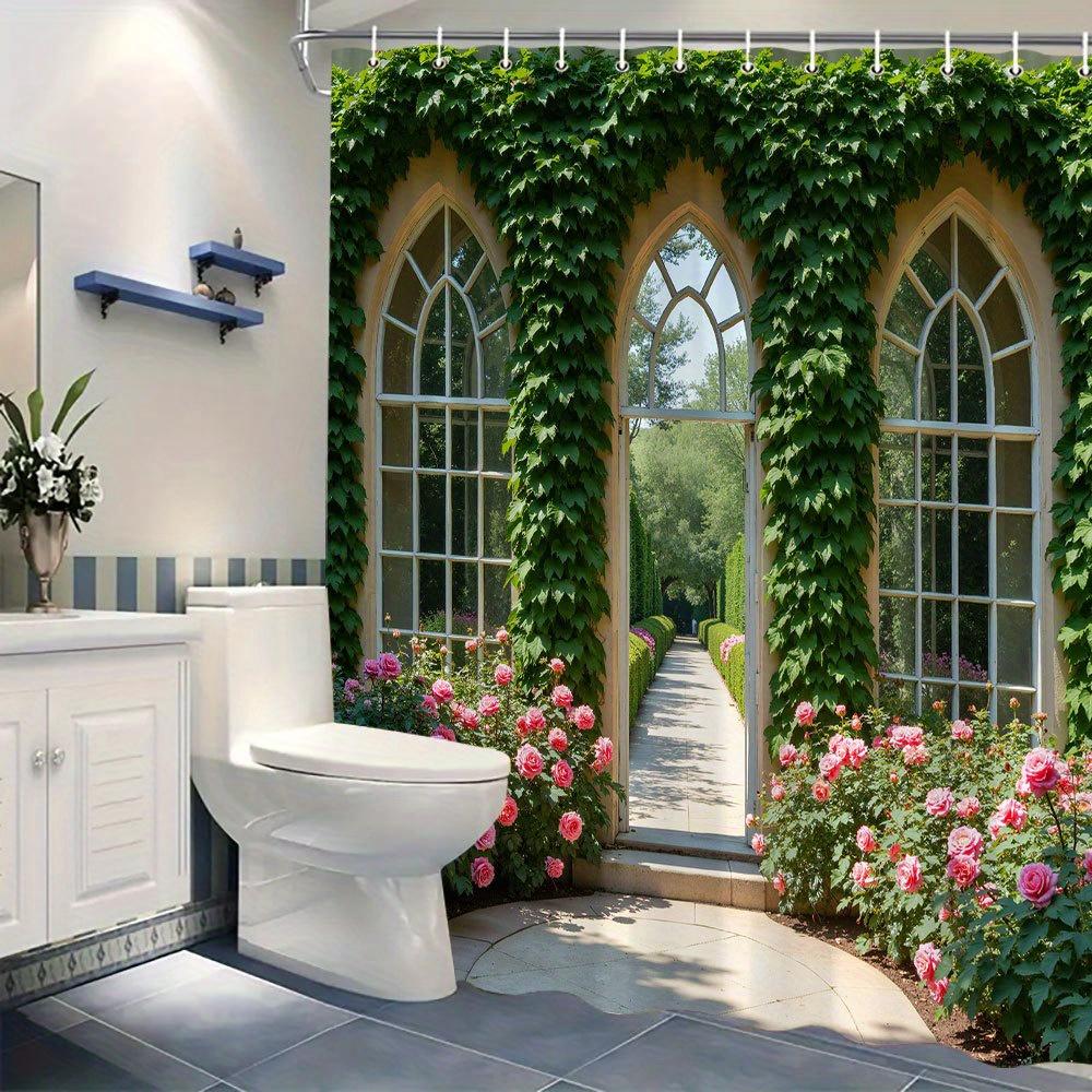 Baifenbai Home Furnishing Green Shower Curtain: Gothic Archways With Lush Ivy And Blooming Roses For A Romantic And Scenic Bathroom Decor