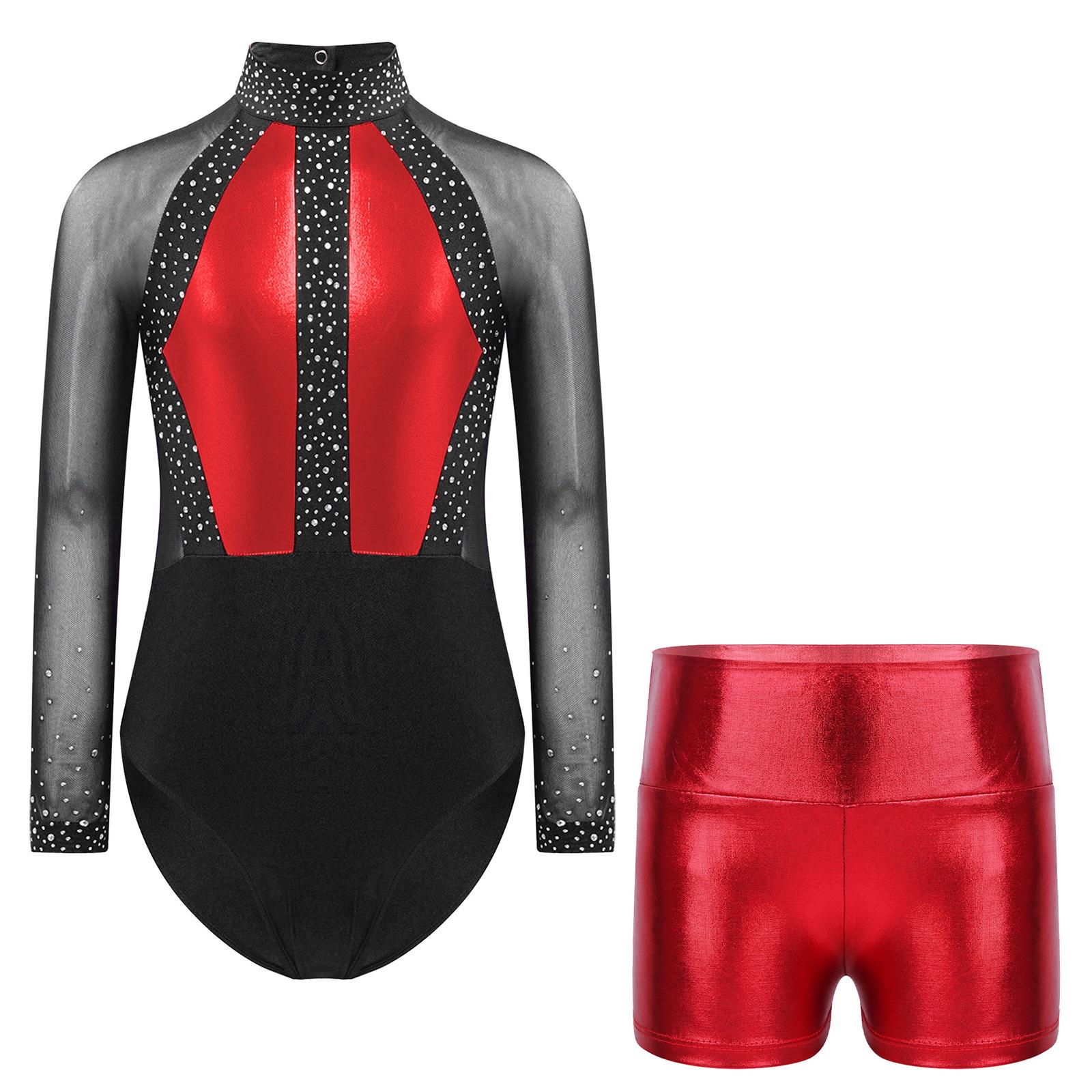 

Girls Color Block Sheer Mesh Long Sleeve Rhinestones Leotard Metallic Shorts Gymnastics Figure Skating Outfits 13-14 Years