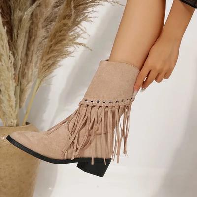 Modne damskie buty w stylu boho z frędzlami, damskie botki, klasyczne szpiczaste noski, kowbojki, wygodne buty na kwadratowym obcasie zapinane na zamek błyskawiczny