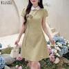 ZANZEA Women Splice Doll Collar Casual Short Sleeve Dress