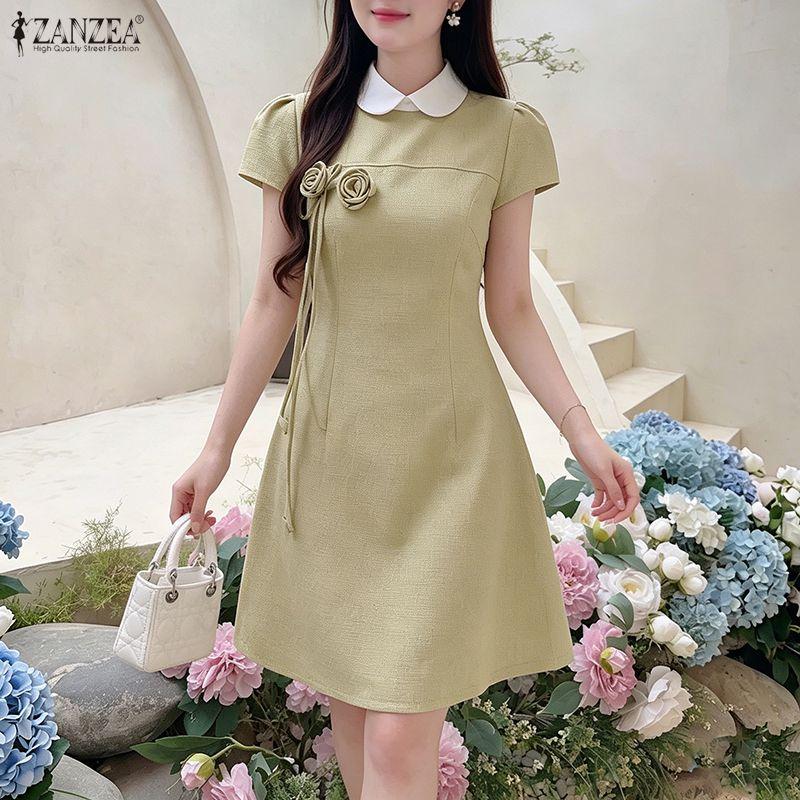 ZANZEA Women Splice Doll Collar Casual Short Sleeve Dress