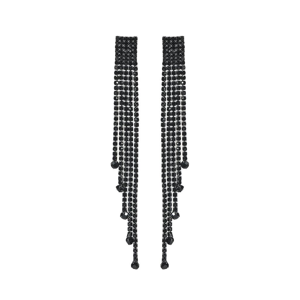 Classic Black Rhinestone Long Bevel Earrings
