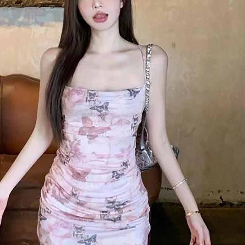 Butterfly Print Spaghetti Strap Waist-Hugging Backless Bodycon Dress for Women - Long, Summer Style