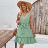 Women Spring Solid Color Lace V-Neck Sleeveless Dress Summer Casual A-Line High Waist Above Knee Belt Short Dresses S-XL