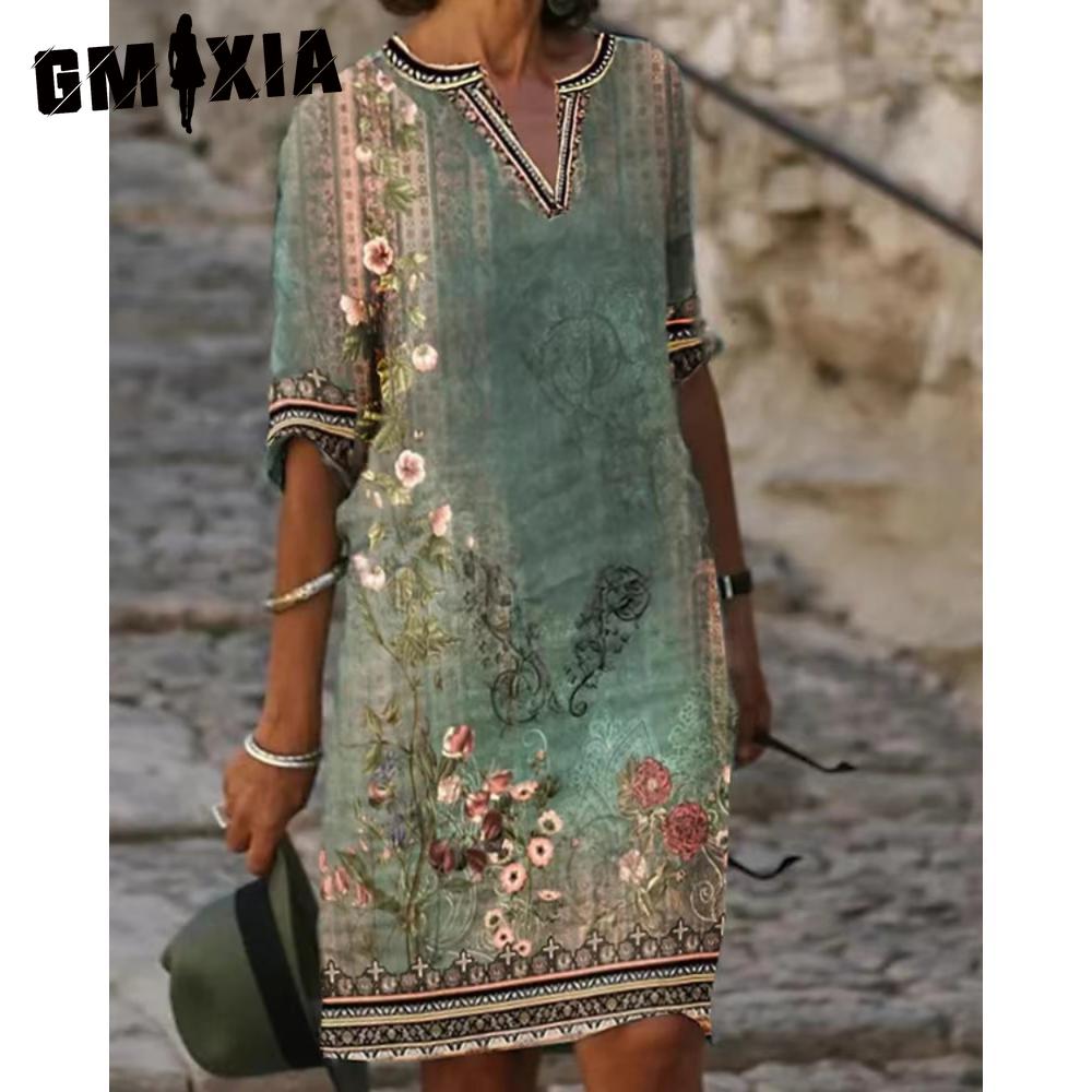 

GMXIA Женское сексуальное платье-футболка с V-образным вырезом Летний женский топ с коротким рукавом Женское облегающее миди-платье Пляжная юбка Платье с принтом Повседневное платье XXXXXL зелёный