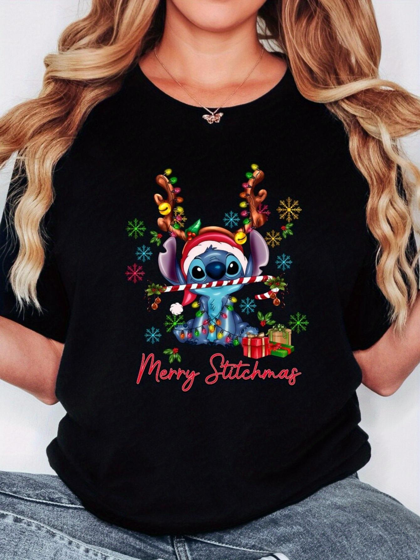Merry Christmas Retro Christmas Christmas Lilo and Stitch Short Sleeved Tshirt for Unisex and Women Breathable Soft Cotton S
