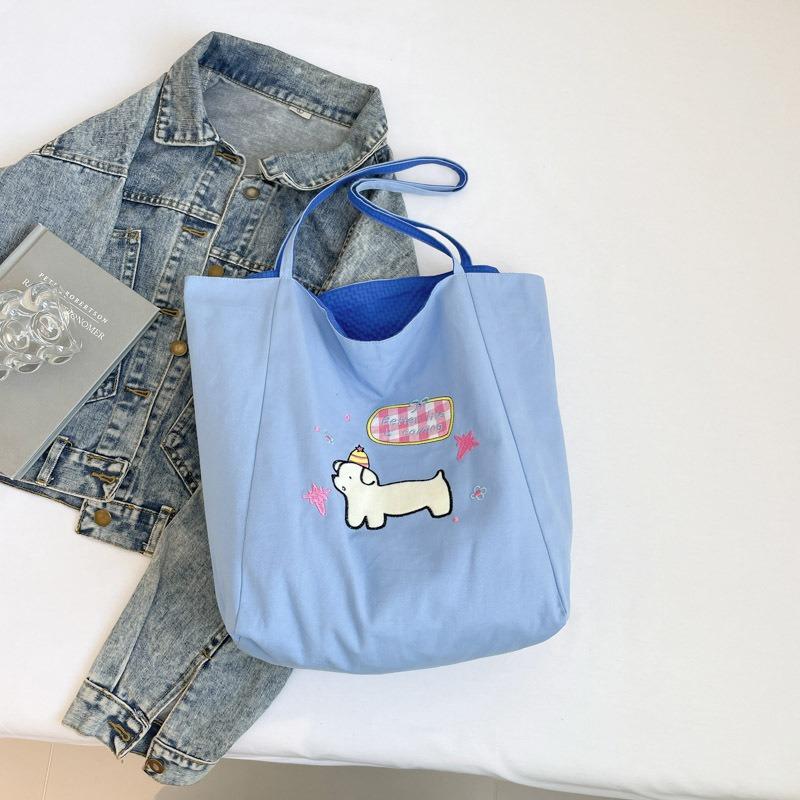 

Милая вышитая сумка через плечо с щенком, свежая контрастная цветная дофаминовая двусторонняя сумка, холщовая сумка большой вместимости, сумка для класса/поездок синий