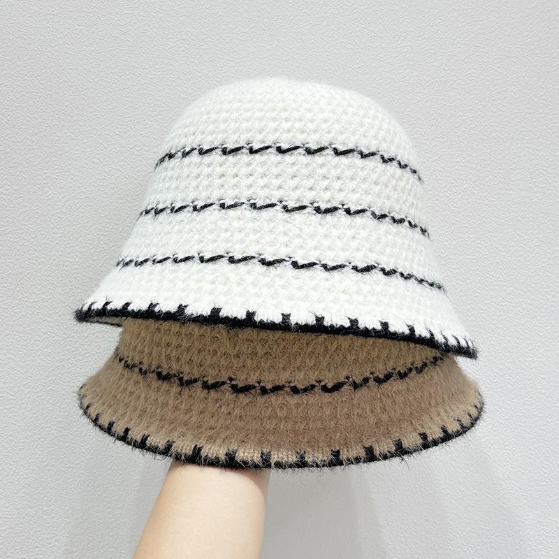 Knitted Hat Children's Autumn and Winter New Striped Lazy Wind Bucket Hat Showing Face Small Bucket Hat