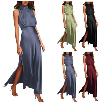 Women's Summer Long Formal Satin Dress Mock Neck Sleeveless Side Slit Flowy Maxi Tank Dresses