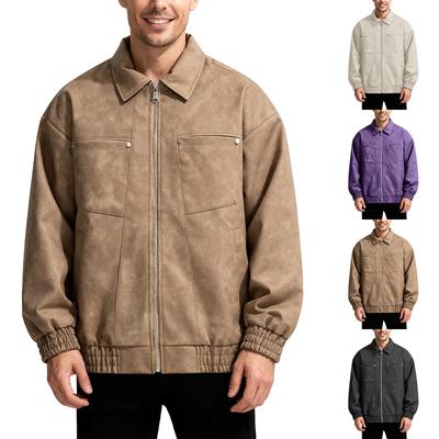 Men's Suede Jacket Oversized Retro Streetwear Zip Up Faux Leather Coat With Turn Down Collar
