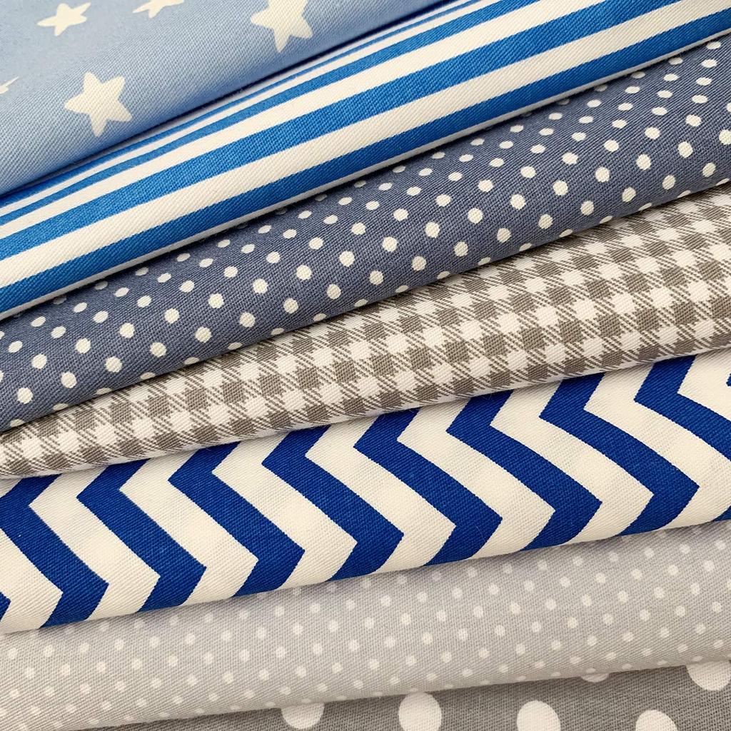 Gray Blue Fabric Large and Wavy Perfect for Crafts and Handicrafts 7-Piece & Set, Pattern, 100% Cotton, 46x56cm, Dots, Stars, Checks, Lines,