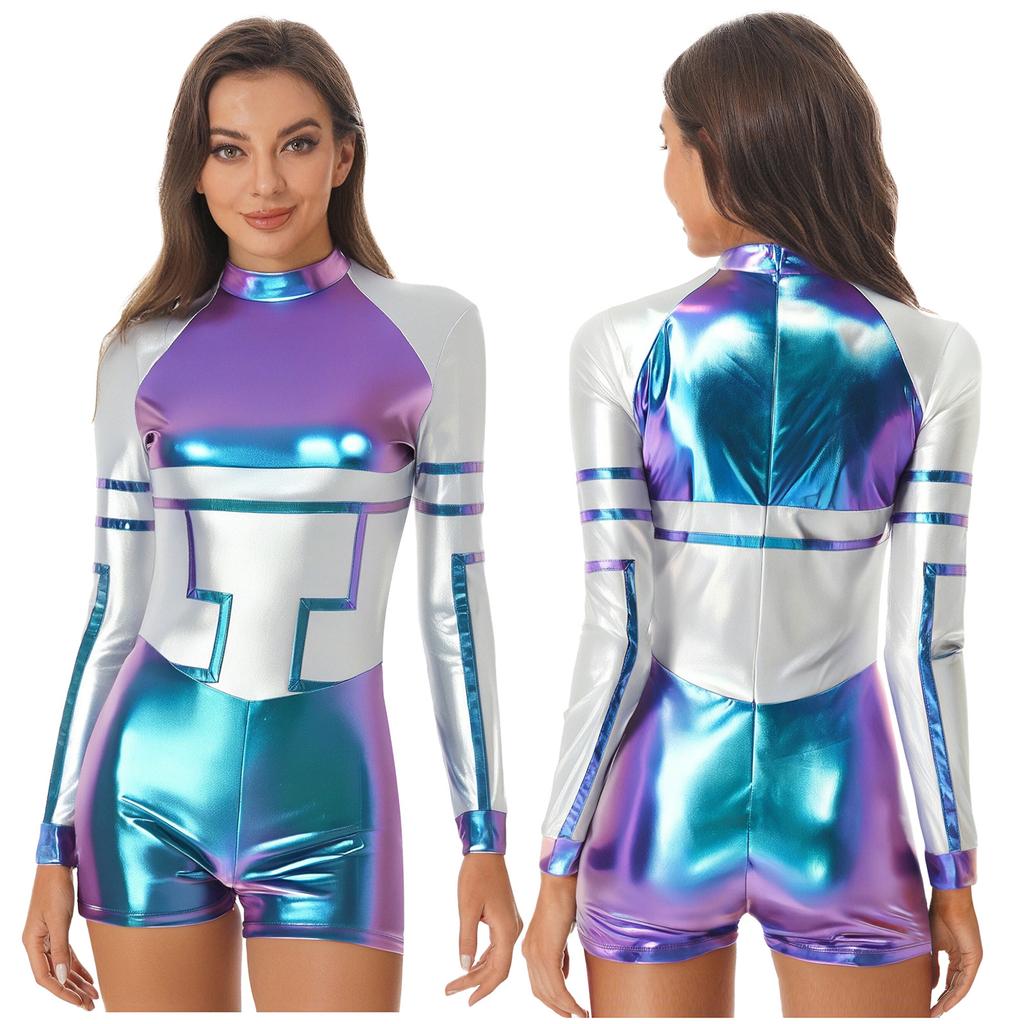 S-3XL Ladies Space Party Jumpsuit Alien Robot Design Metallic Shiny Contrast Color Long Sleeve Back Zipper Bodysuit for Halloween Cosplay