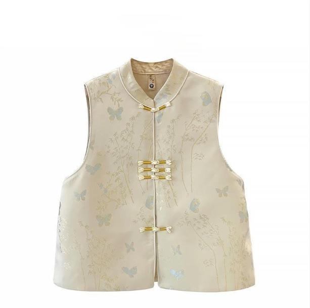Gilet Giacca Stile Cinese Donna Primavera Autunno Cappotto Senza Maniche Fibbia Vita Sottile Gilet Moda Donna Cardigan