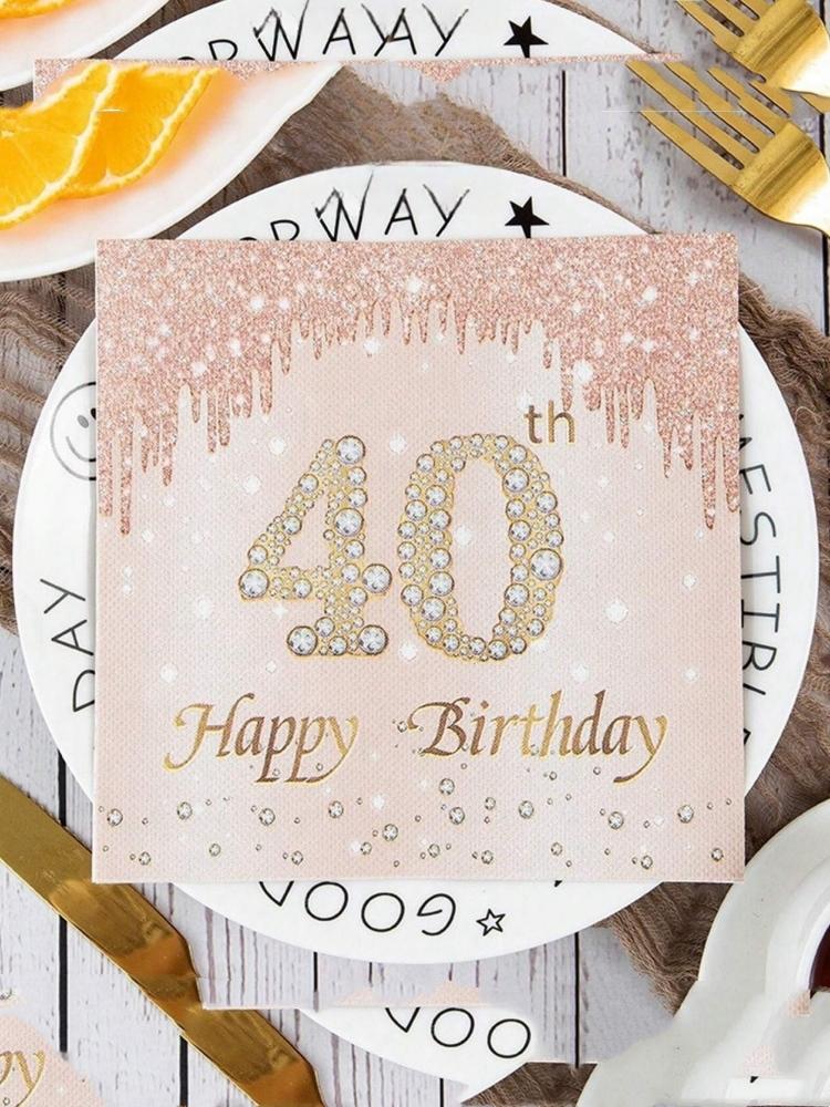 20pcs Pieces/pack, 40, 50, 60, 70 Year Old Rose Gold Diamond Printed Happy Birthday Napkins, Birthday Party Table Decorations