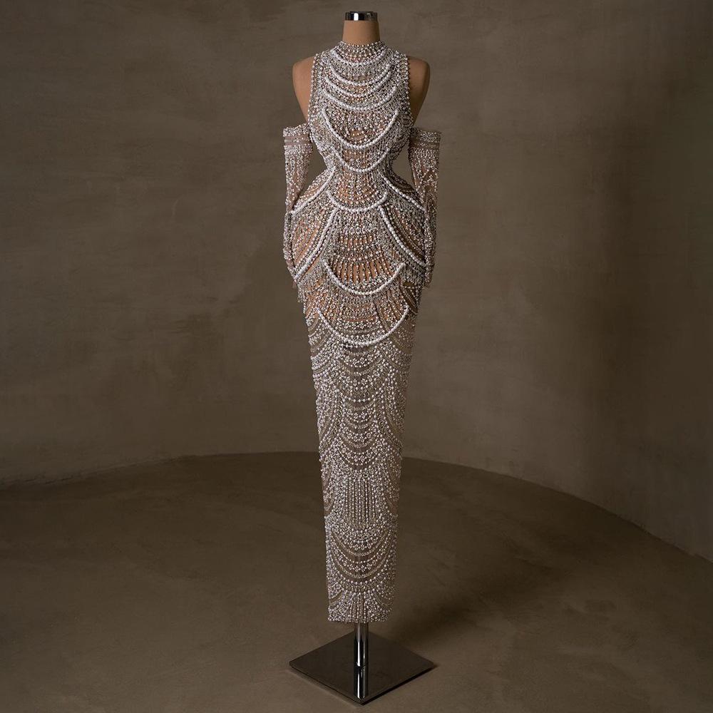 Nude sexy neck fishtail heavy industry beads pearl celebrity art test solo dress dress LA11091A