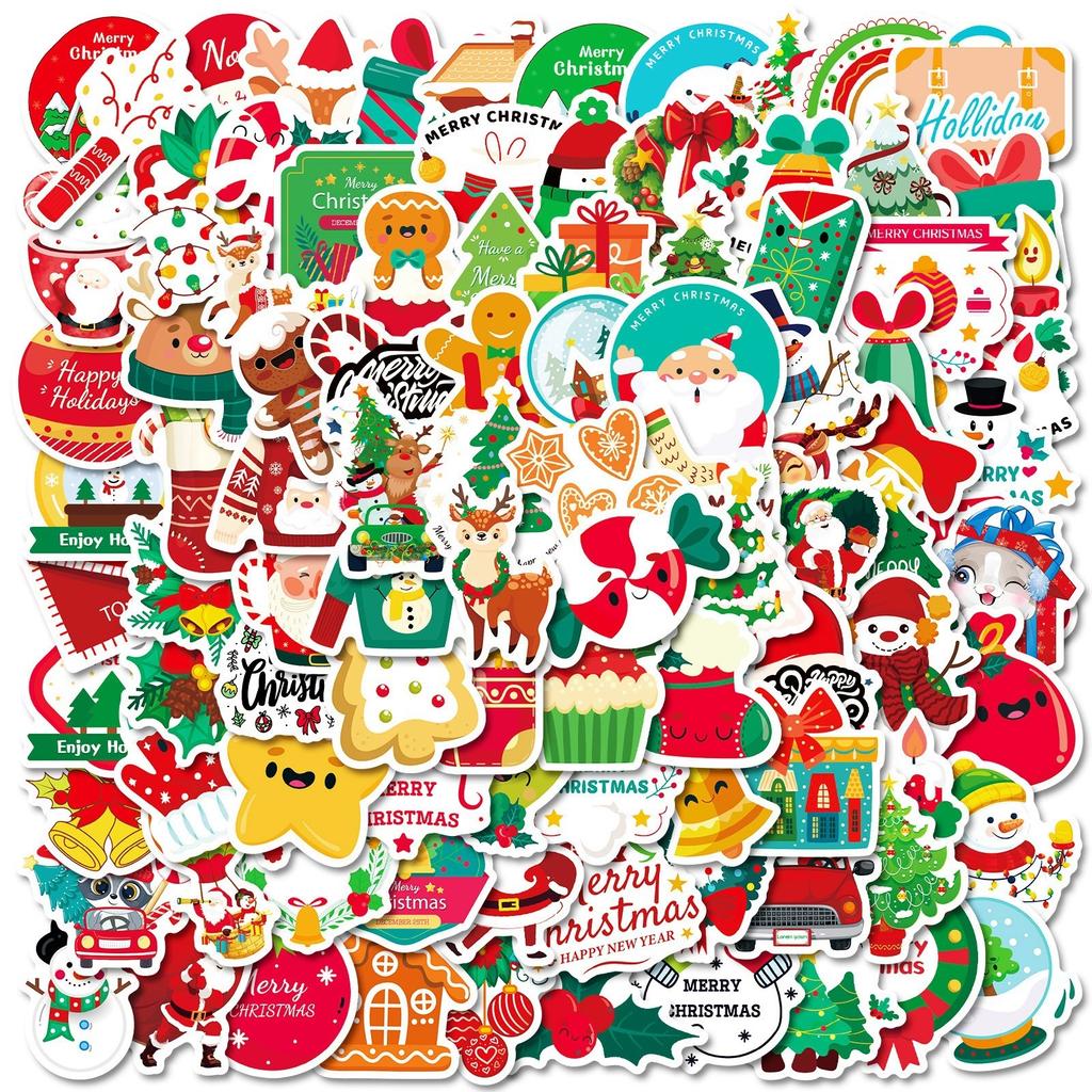 100PCS Christmas Waterproof Stickers Red Holiday Decals for Windows Cups Gifts DIY Stationery Decorations