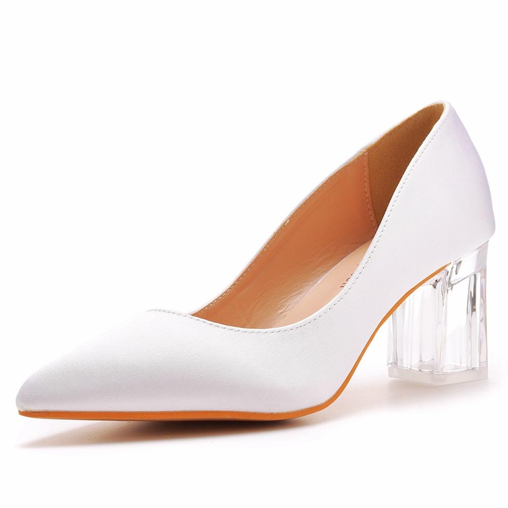 Crystal Square Heel Transparent Heel Pointed Toe Shoes Dance Party Bridal Dress Shoes Satin Silk Dress Long Skirt Shoes