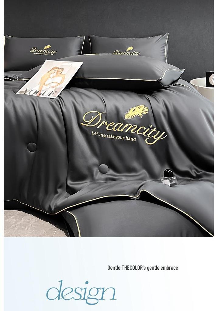 Class A Ice Silk Cooling Summer Quilt 4-Piece Set: Lightweight Embroidered Air Conditioning Quilt
