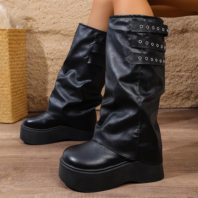 Fashion Women's Gothic Platform Knee High Boots Black PU Leather Chunky Long Boots Woman Punk Style Thick Bottom Winter Botas Mujer 2025