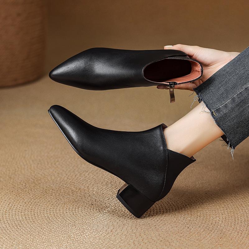 Fashion 2025 New Autumn Women Boots Genuine Leather Women Shoes Pointed Toe Chunky Heel Shoes Modern Ankle Boots Concise Chelsea Boots