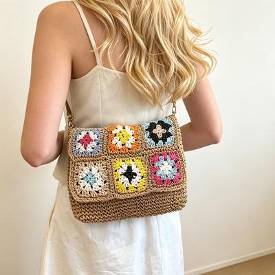 2026 Neue florale Häkeltaschen, Handgefertigte gewebte Umhängetaschen, Boho Strandtaschen mit bunten Omas Quadraten, Leichte Freizeit-Handtaschen für