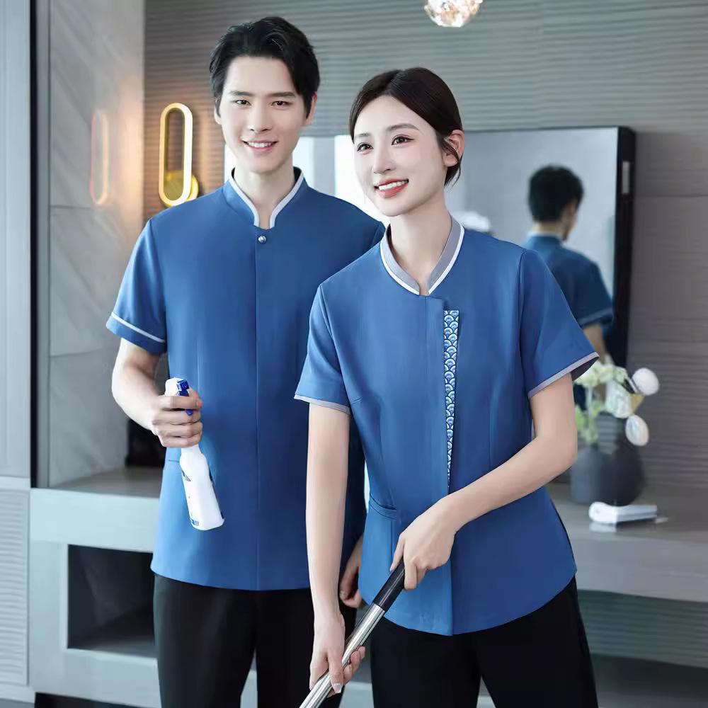 Chinese Style Short Sleeve Cleaning Uniform for Hotel and Office Staff