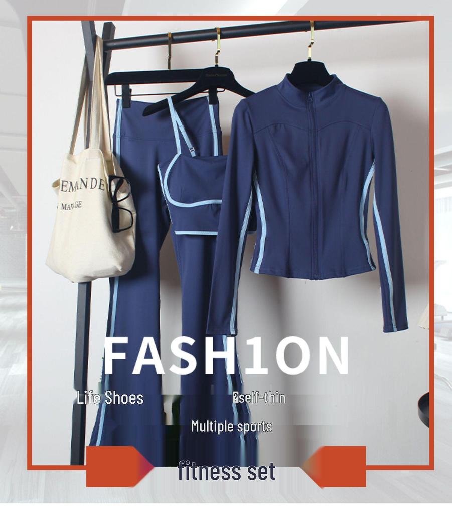 Damen Yoga Sportbekleidungsset: Hochtaillierte Schlaghosen, Schlankmachend, Tanz, Laufen, Reißverschluss, Dreiteilig für Herbst/Winter.