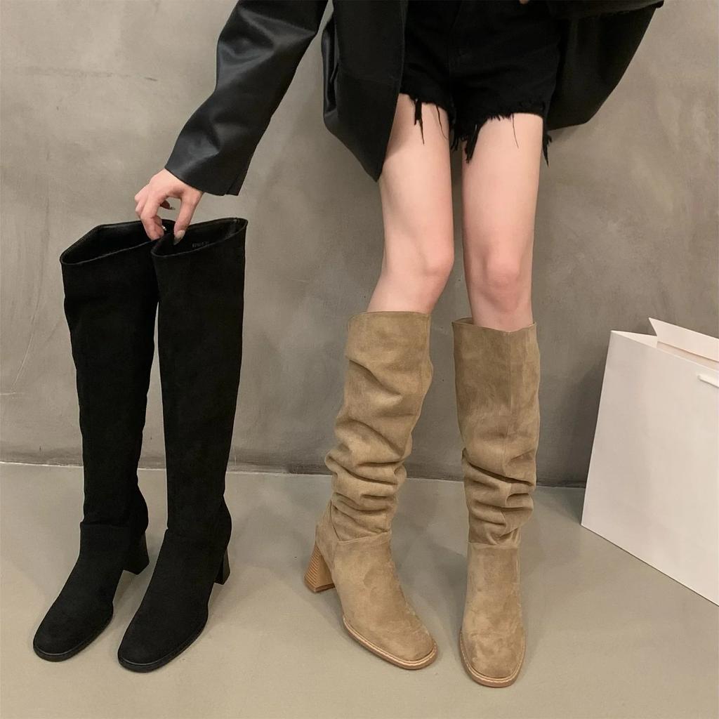 Ladies Shoes Fashion Sleeve Women's Boots Winter Keep Warm Pointed Toe Suede Solid High Tube Chunky Heels Female Boots