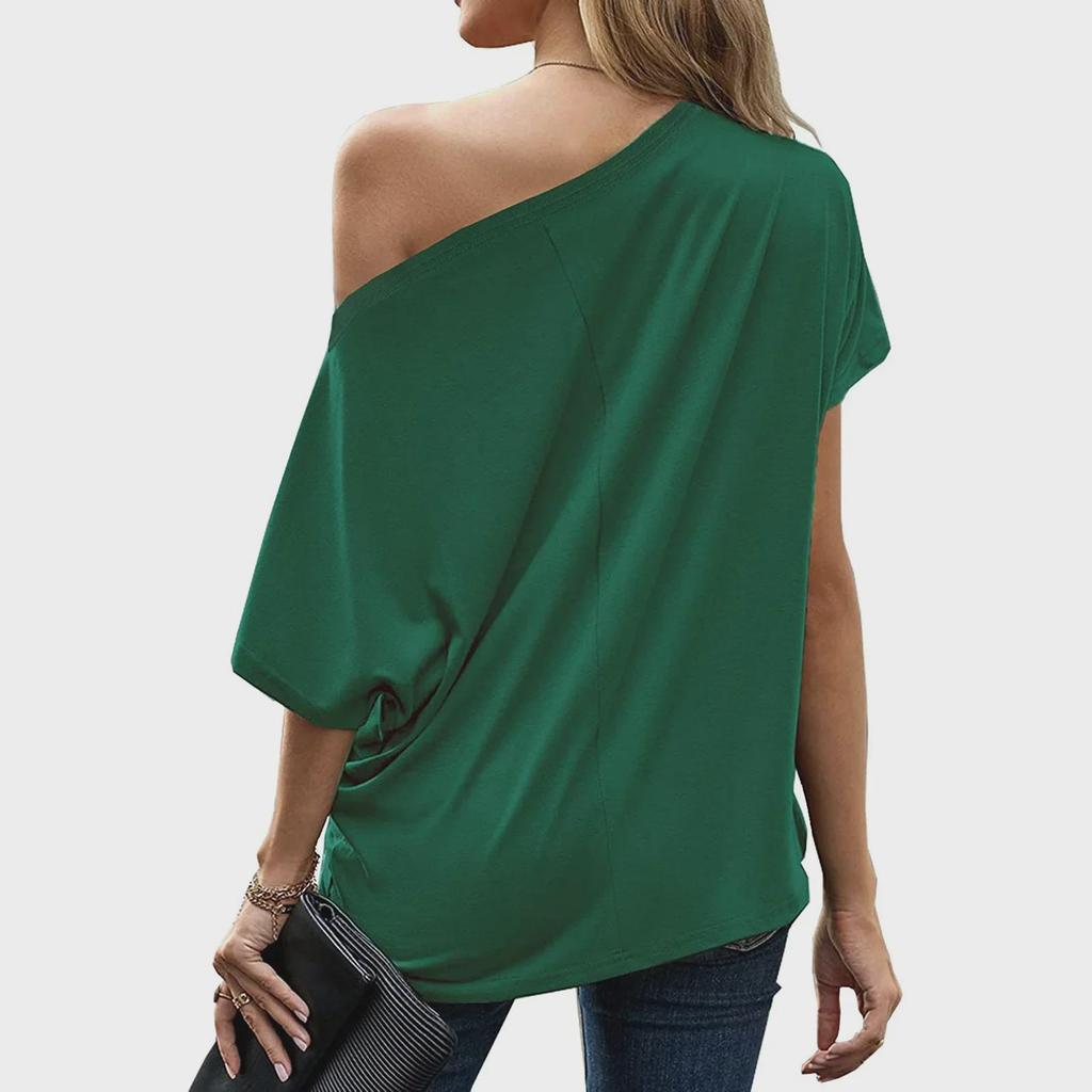 Women's Irregular One-Shoulder Solid Color Loose Short-Sleeved Top