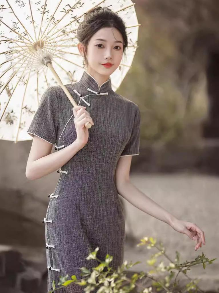 2024 Spring/Summer Floor-Length Chinese Style Qipao: Comfortable, Breathable, Daily Wear with Full Opening