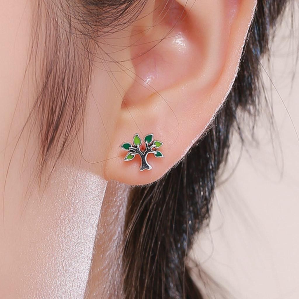 Silver Earrings Green TREES Studs Silver 925 As a Gift