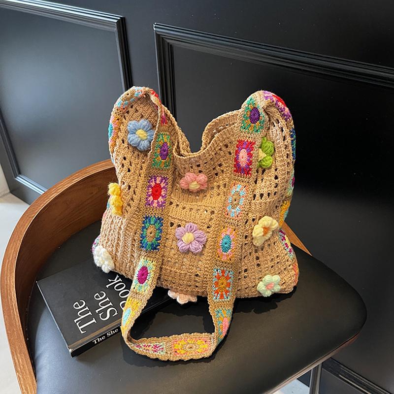 Summer Large Capacity Boho Tote Bag Floral Crochet Handbag Vintage Multicolor Cut-Out Knitted Fashionable Hollow Out Handbag
