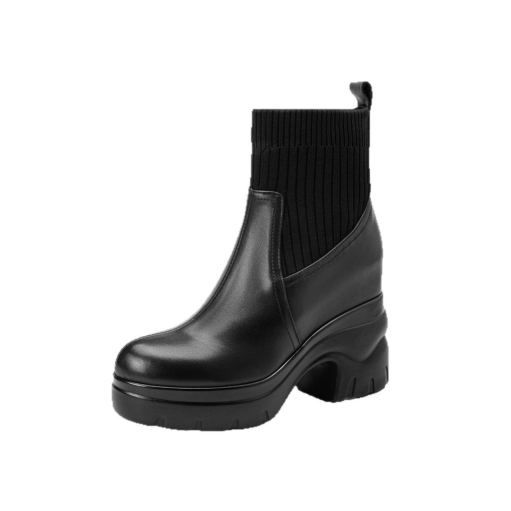 Leather Thick-soled Inner Height-increasing Short Boots Women's 2025 New Wool Tube Thick Heel Waterproof Table Muffin Bottom Elastic Martin Boots