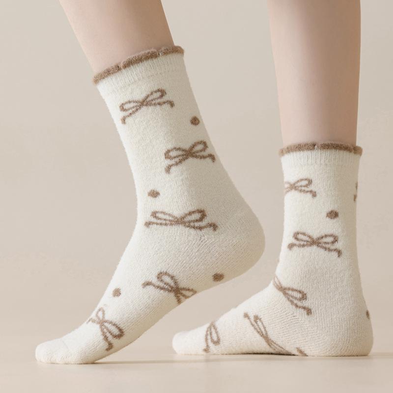 5/10 Pairs Casual Winter Australian Wool Socks for Women Thickened Warm Bow Tie Floor Socks Medium Length Socks In Coffee Color Plush Socks