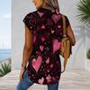 Women Plus Size Cap Sleeve Button Up Shirt Dress Romantic Pink Heart Floral Print Curved Hem Casual Tunic Blouse