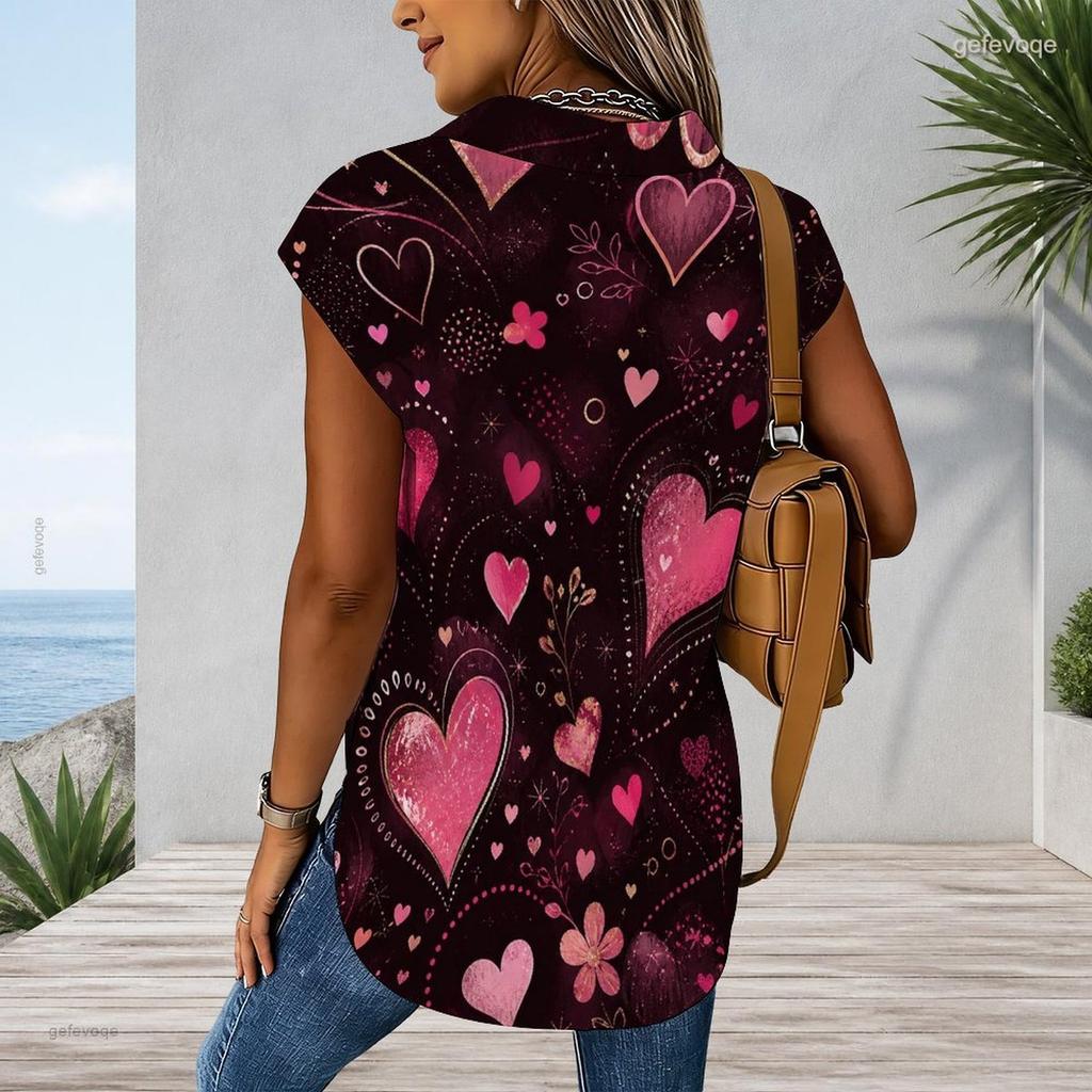 Women Plus Size Cap Sleeve Button Up Shirt Dress Romantic Pink Heart Floral Print Curved Hem Casual Tunic Blouse