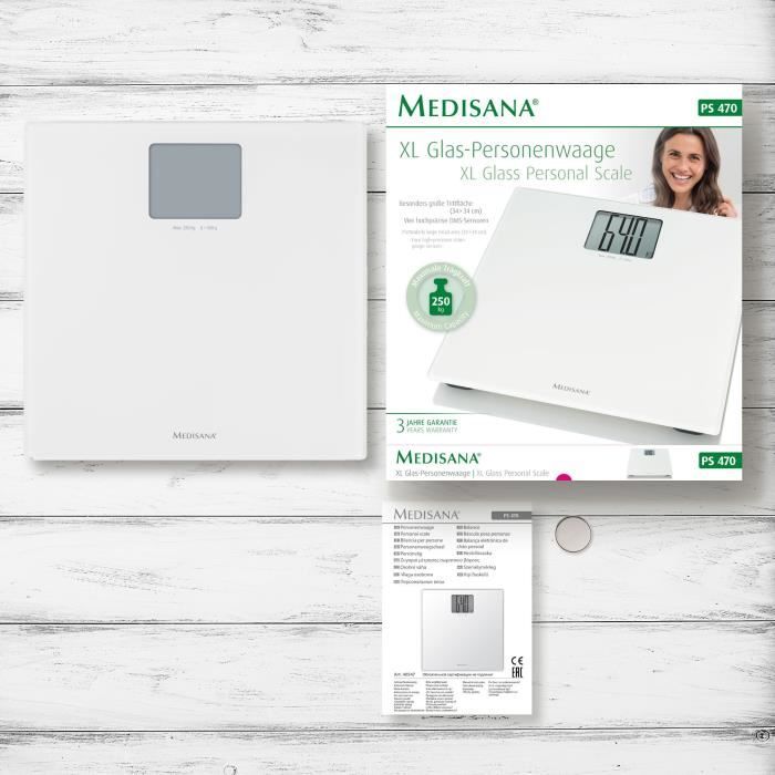 Personenwaage XL Medisana PS 470 Weiß - Maximale Belastung 250 kg - Großes Display - Automatische Abschaltung