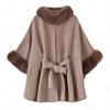 Women's Fox Fur Collar Wool Cape - Lace-up, Plus Size, Autumn/Winter Shawl.