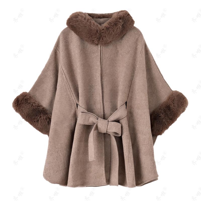 Women's Fox Fur Collar Wool Cape - Lace-up, Plus Size, Autumn/Winter Shawl.