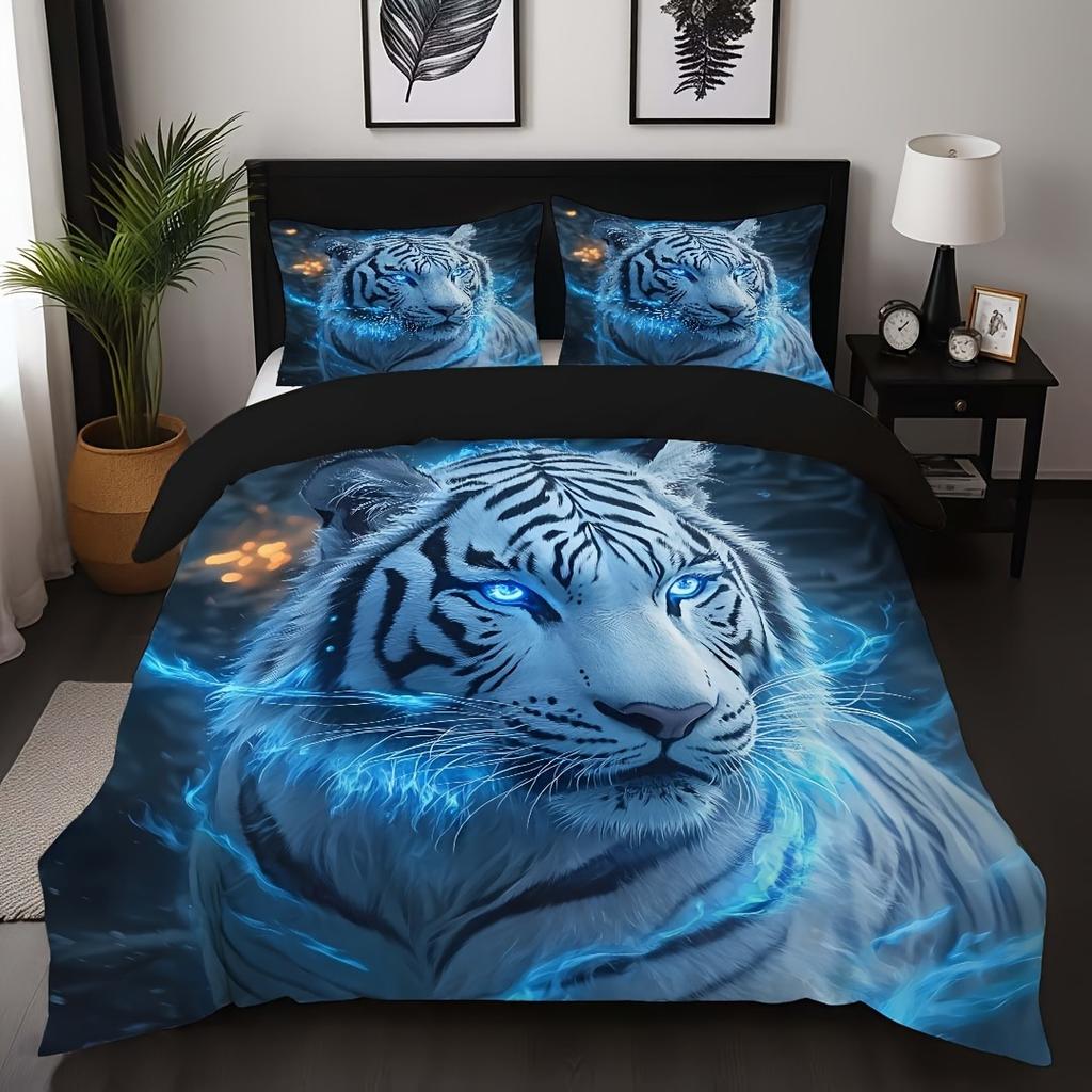 3pcs Fashion Bedding Set Blue Tiger 3D Print Comfortable Breathable Duvet Cover King Queen Twin Single Size Boys Birthday Gift