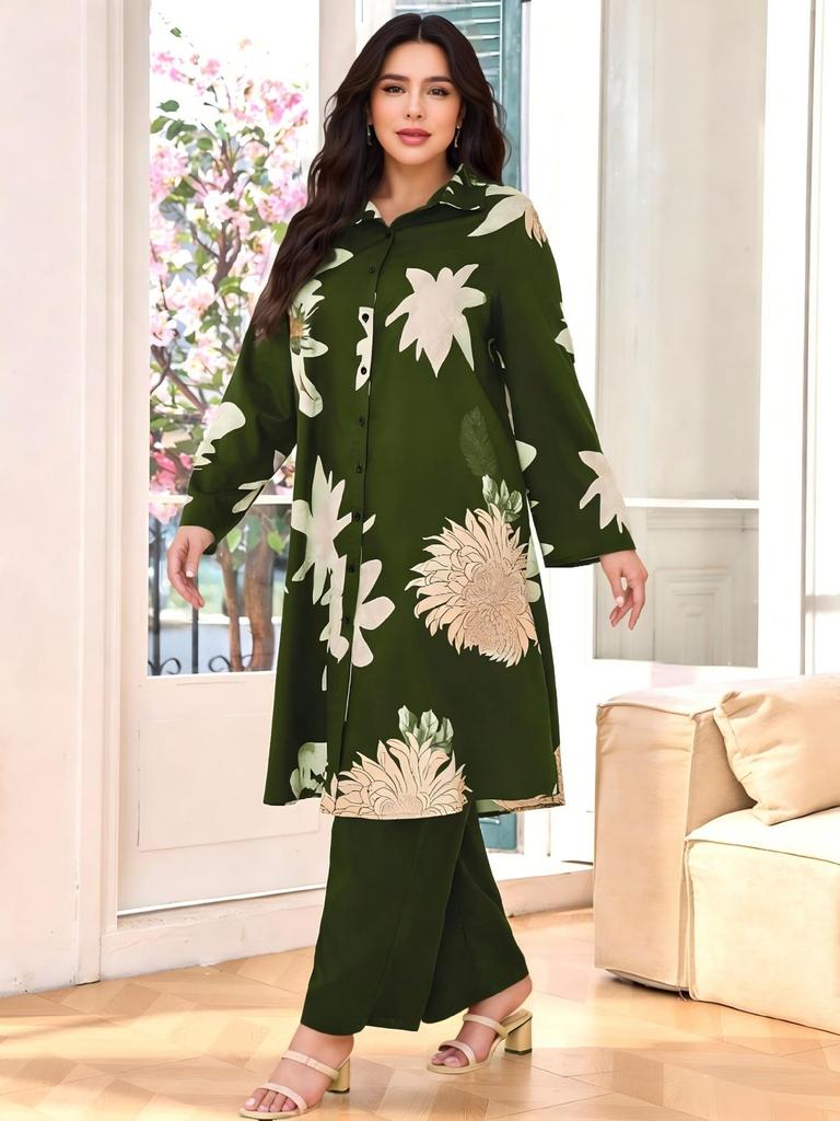 Dubai Plus Size Floral Long Sleeve & Pants with Long Skirt - Elegant Two-Piece Set